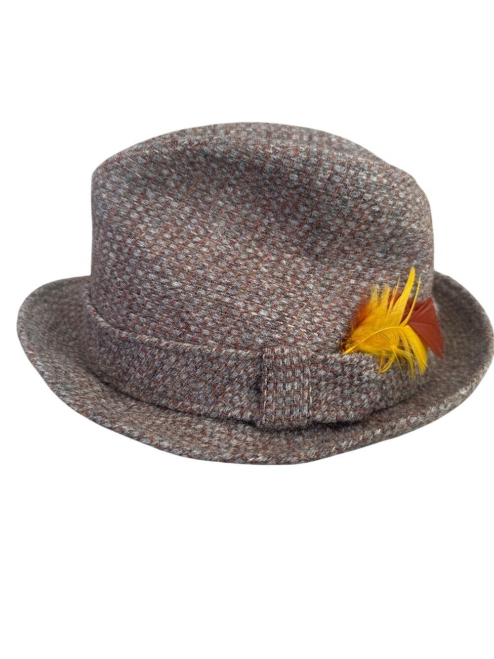 Harris Tweed Brown Fedora Hat Yellow Feather 100% Scottish Wool 6 7/8 Hand Woven